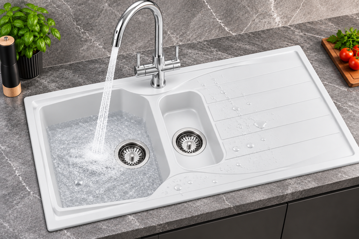 Liquida CMP15WH 1.5 Bowl White Kitchen Sink With W03CH Chrome Mixer Tap