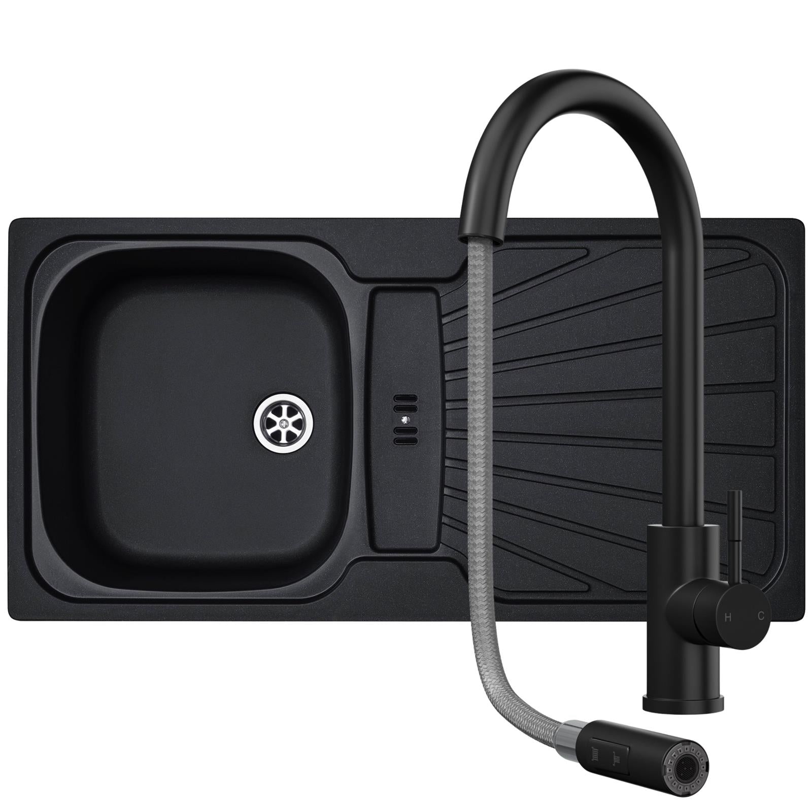 Liquida CMP5BL 1.0 Bowl Black Kitchen Sink With CT453MB Black Pull Out Tap