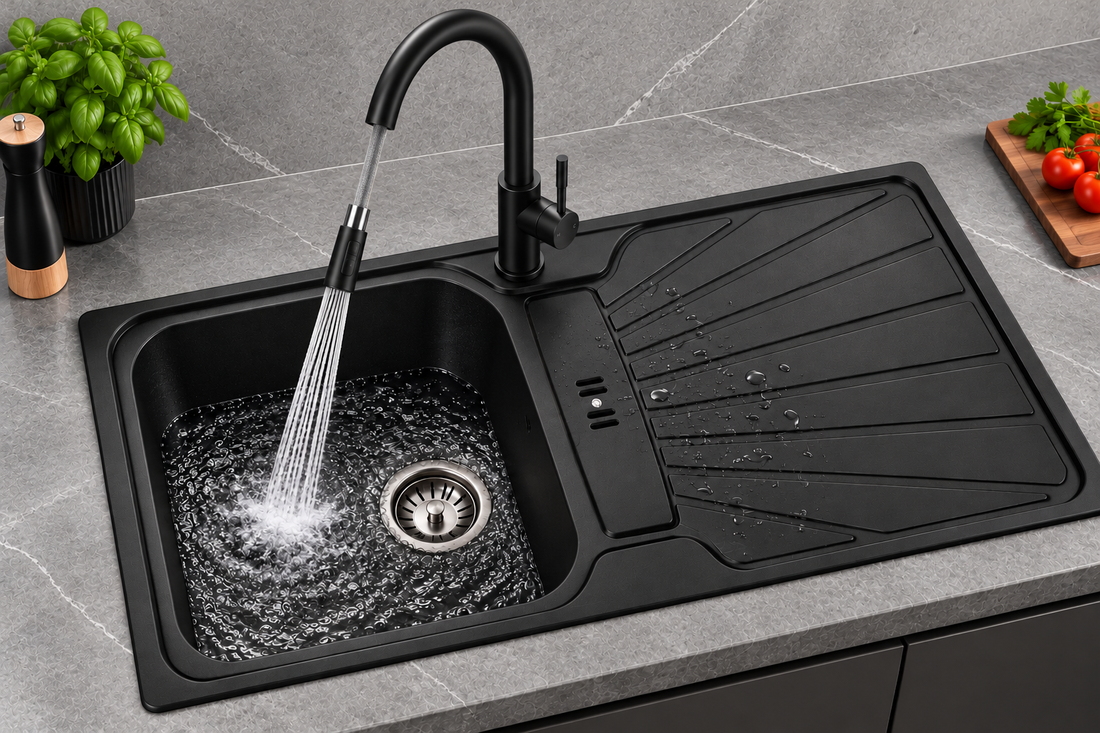 Liquida CMP5BL 1.0 Bowl Black Kitchen Sink With CT453MB Black Pull Out Tap