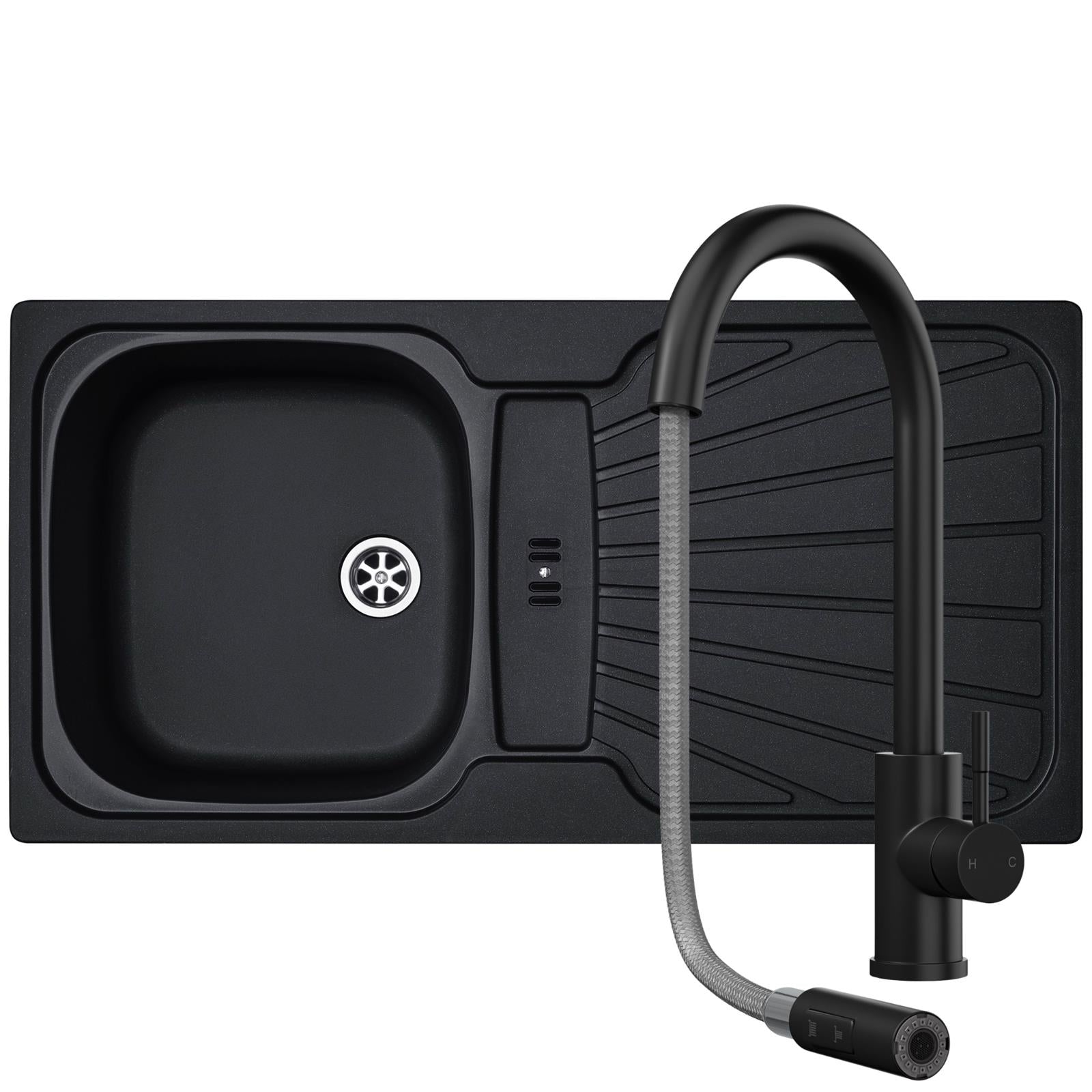Liquida CMP5BL 1.0 Bowl Black Kitchen Sink With CT453MB Black Pull Out Tap