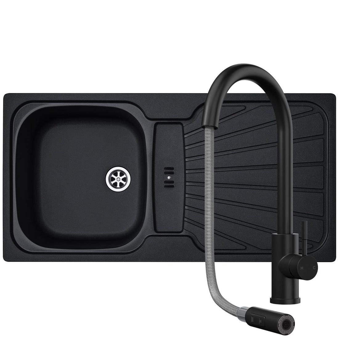 Liquida CMP5BL 1.0 Bowl Black Kitchen Sink With CT453MB Black Pull Out Tap