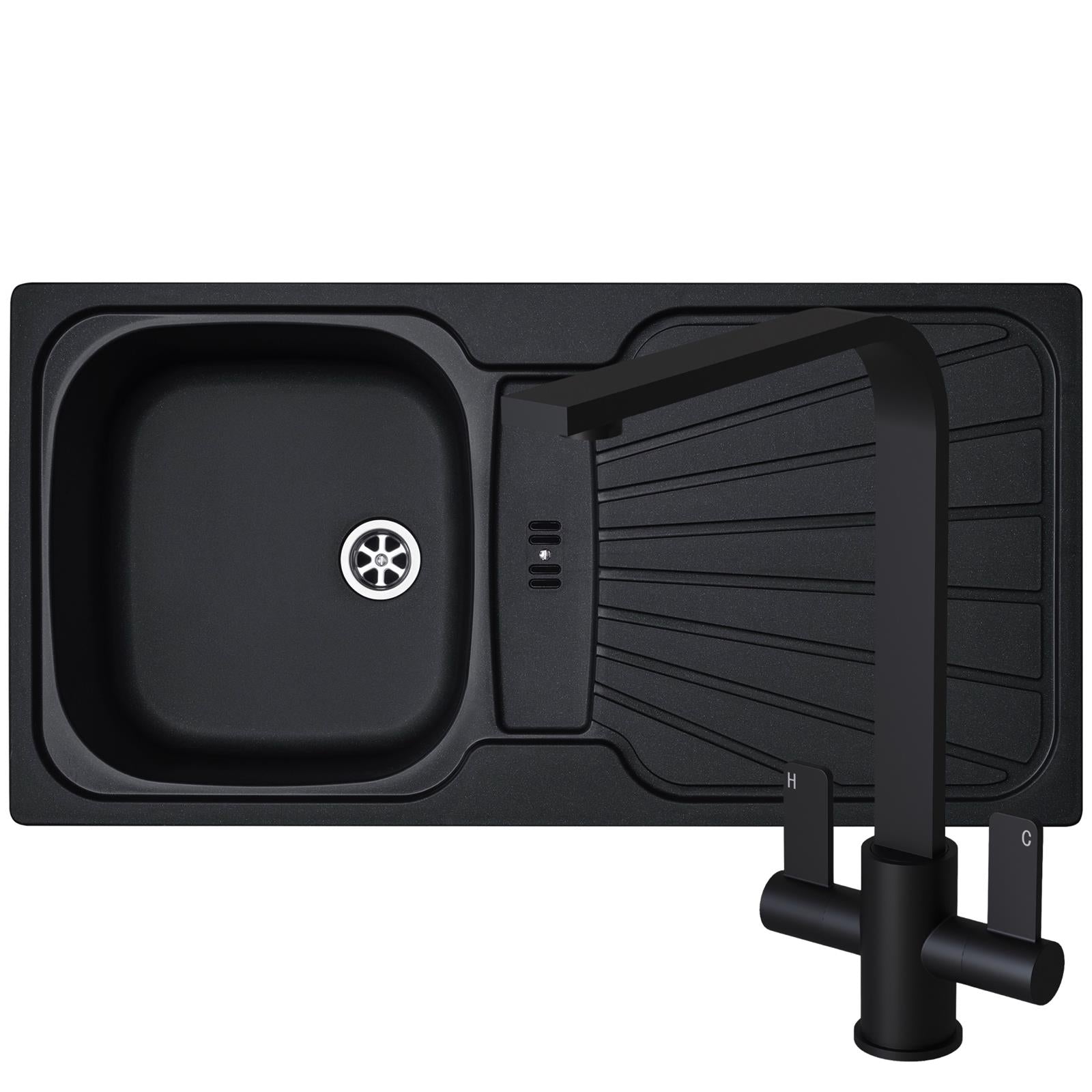 Liquida CMP5BL 1.0 Bowl Black Kitchen Sink With EB403MB Black Flat Style Tap