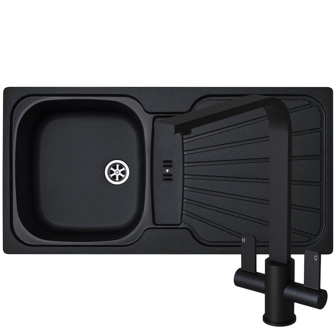 Liquida CMP5BL 1.0 Bowl Black Kitchen Sink With EB403MB Black Flat Style Tap