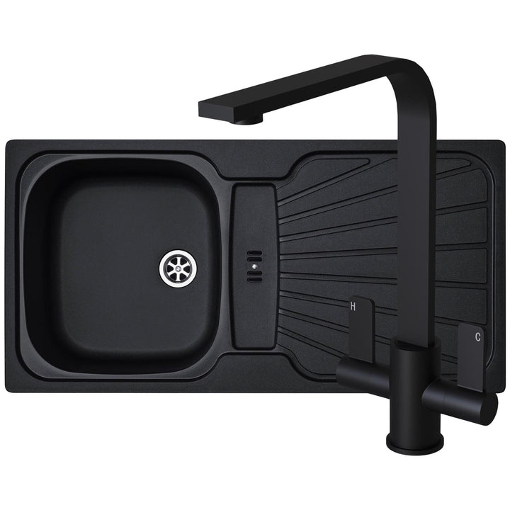Liquida CMP5BL 1.0 Bowl Black Kitchen Sink With EB403MB Black Flat Style Tap
