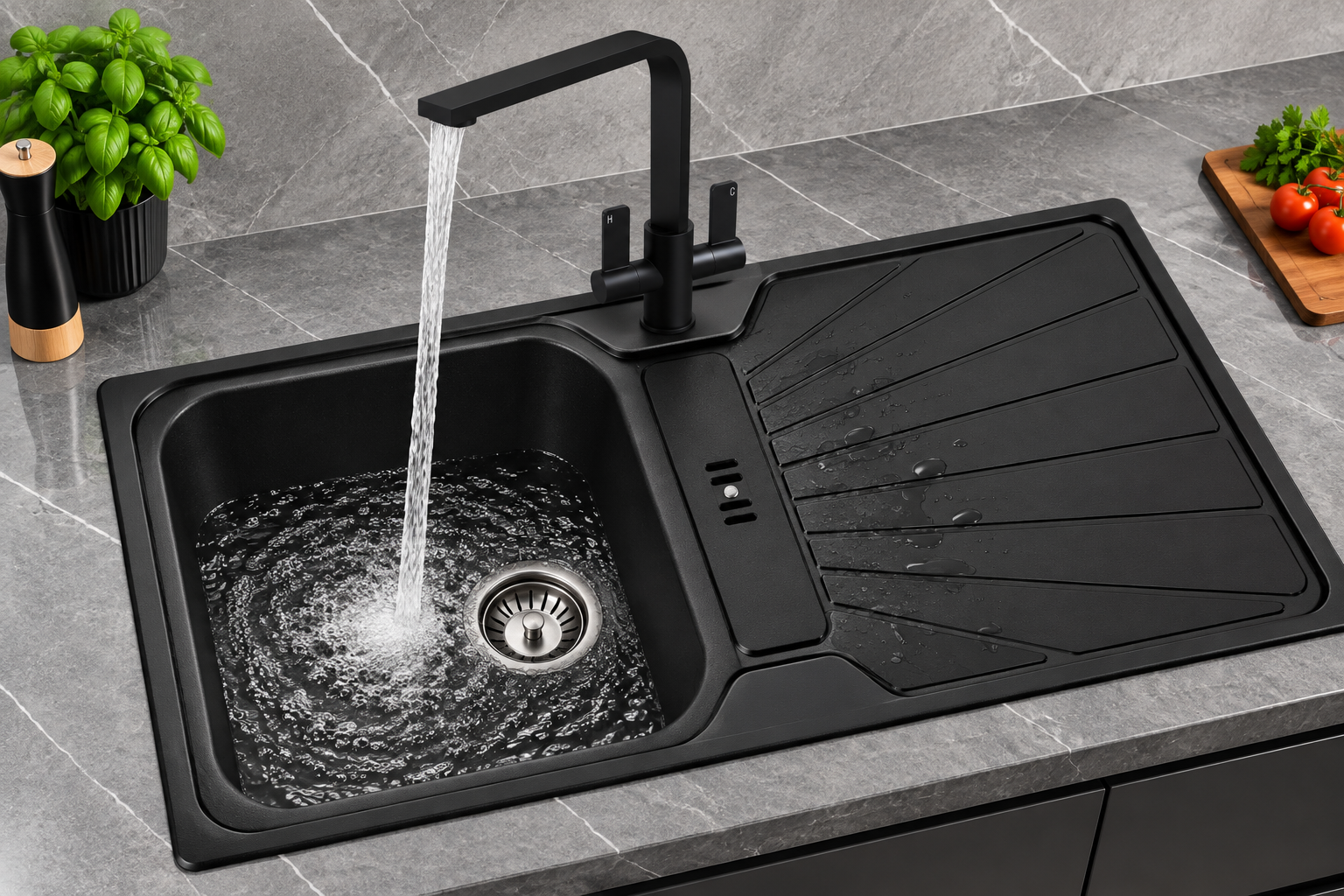 Liquida CMP5BL 1.0 Bowl Black Kitchen Sink With EB403MB Black Flat Style Tap