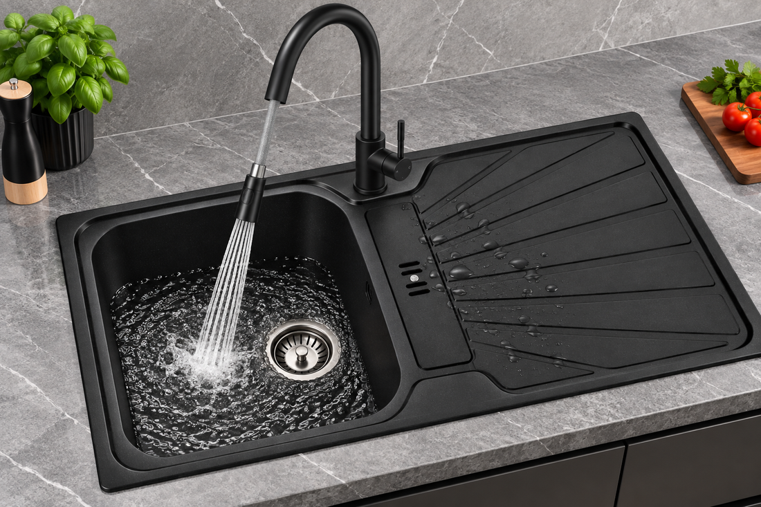 Liquida CMP5BL 1 Bowl Black Kitchen Sink With EPO11MB Black Pull Out Tap