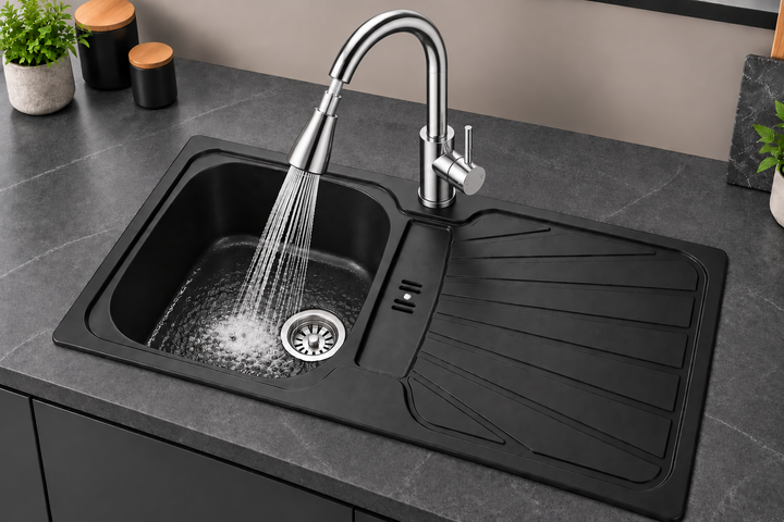Liquida CMP5BL 1.0 Bowl Black Kitchen Sink With KPO11CH Chrome Pull Out Tap