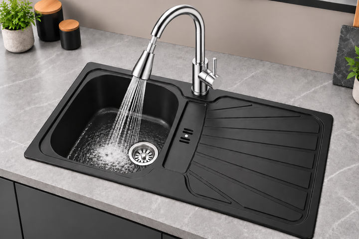 Liquida CMP5BL 1.0 Bowl Black Kitchen Sink With KPO11CH Chrome Pull Out Tap