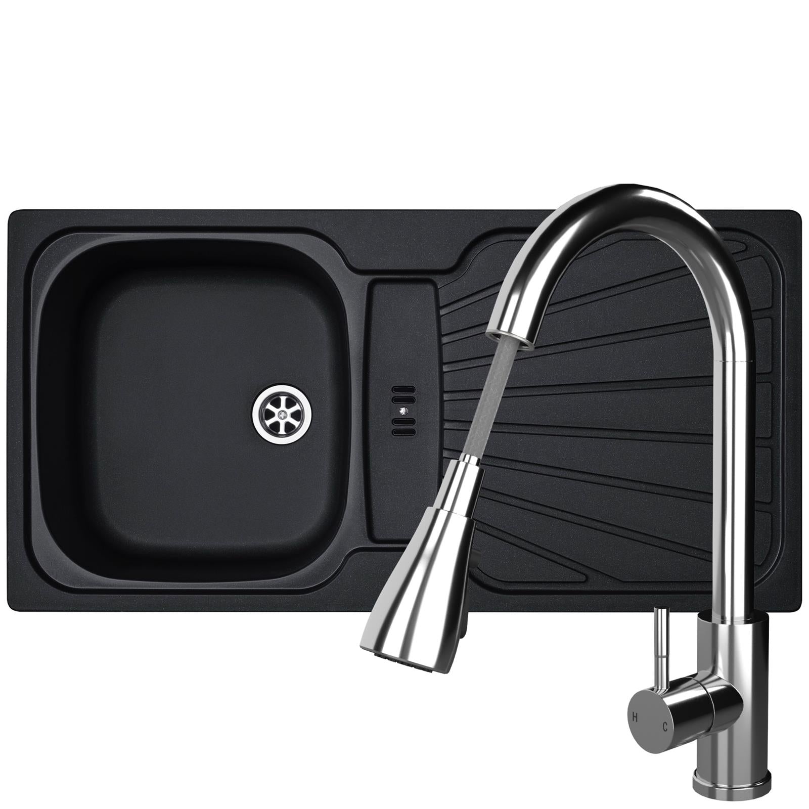 Liquida CMP5BL 1.0 Bowl Black Kitchen Sink With KPO11CH Chrome Pull Out Tap