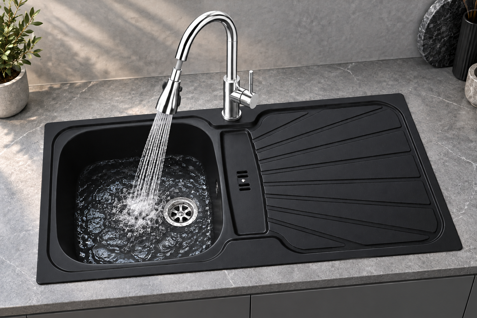 Liquida CMP5BL 1.0 Bowl Reversible Inset Black Kitchen Sink With Waste Kit
