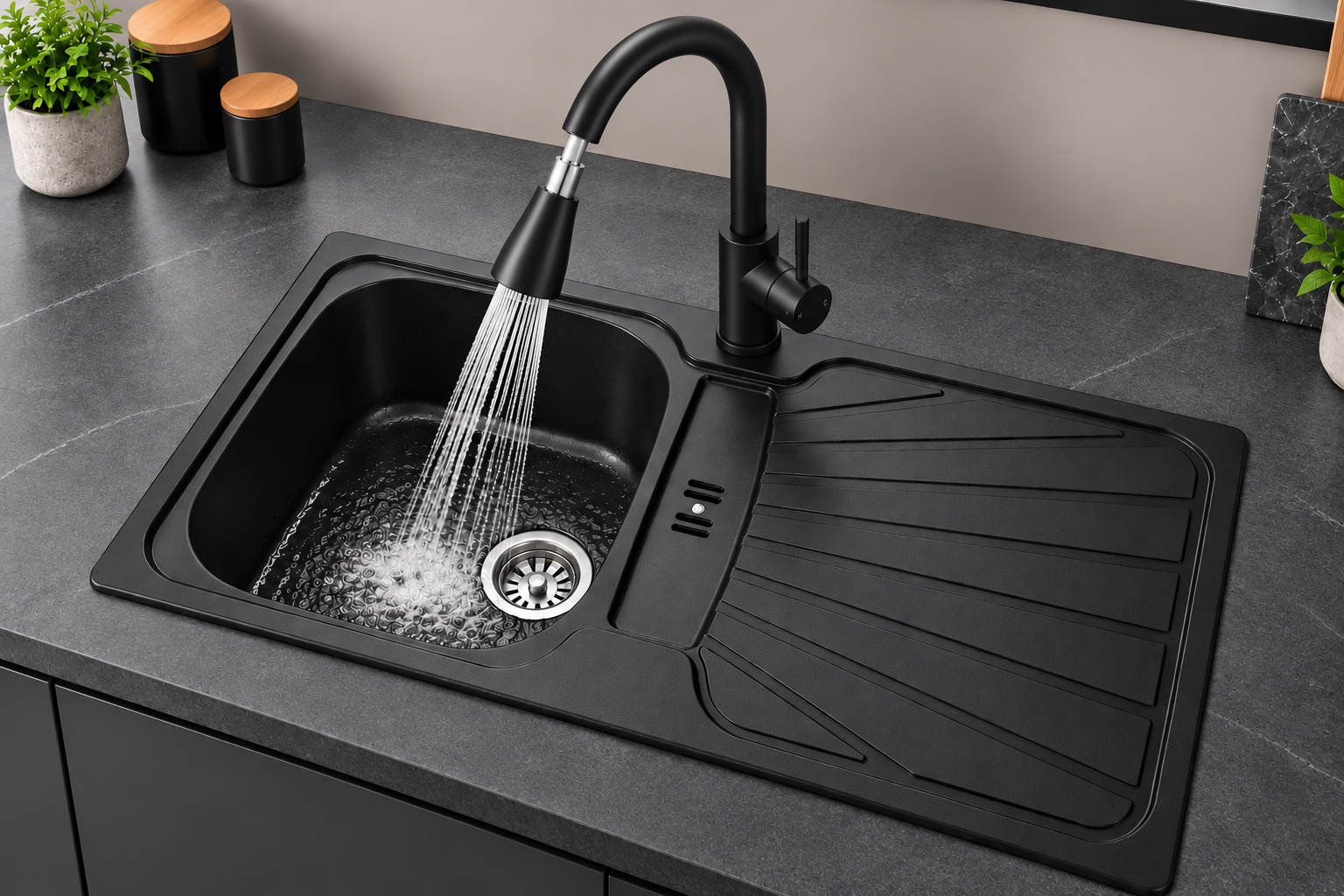 Liquida CMP5BL 1.0 Bowl Black Kitchen Sink With KPO11MB Black Pull Out Tap