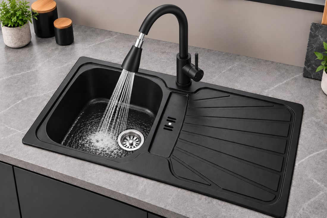 Liquida CMP5BL 1.0 Bowl Black Kitchen Sink With KPO11MB Black Pull Out Tap