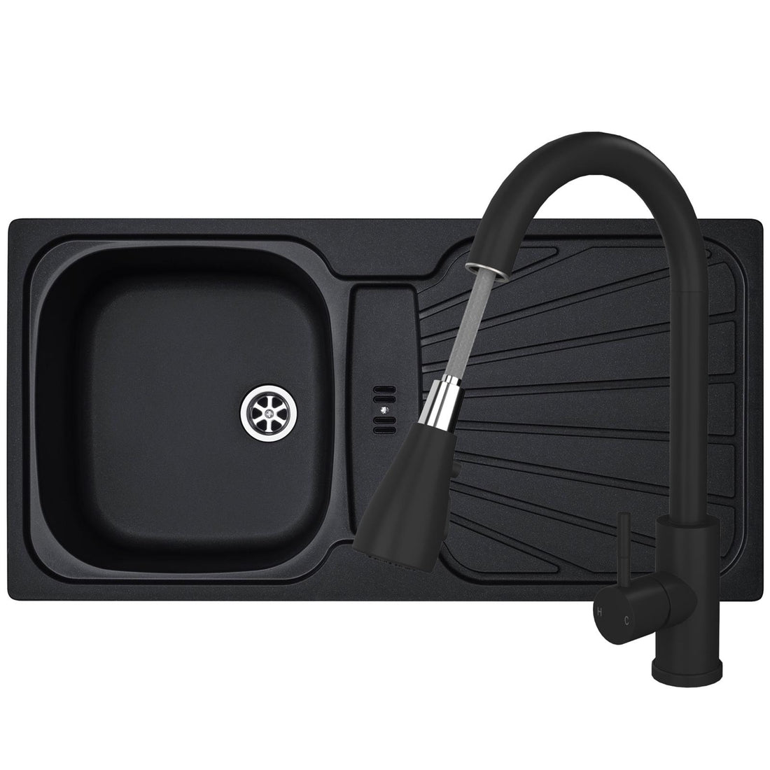 Liquida CMP5BL 1.0 Bowl Black Kitchen Sink With KPO11MB Black Pull Out Tap