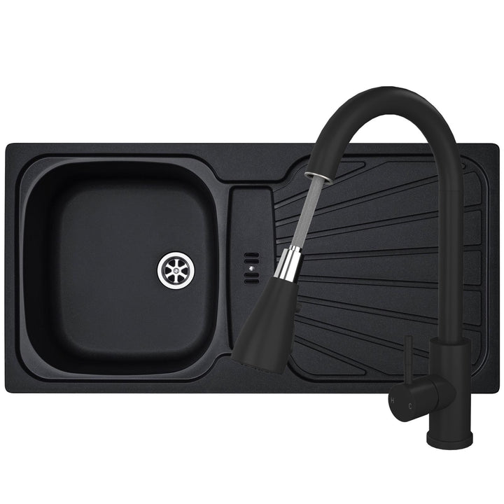 Liquida CMP5BL 1.0 Bowl Black Kitchen Sink With KPO11MB Black Pull Out Tap