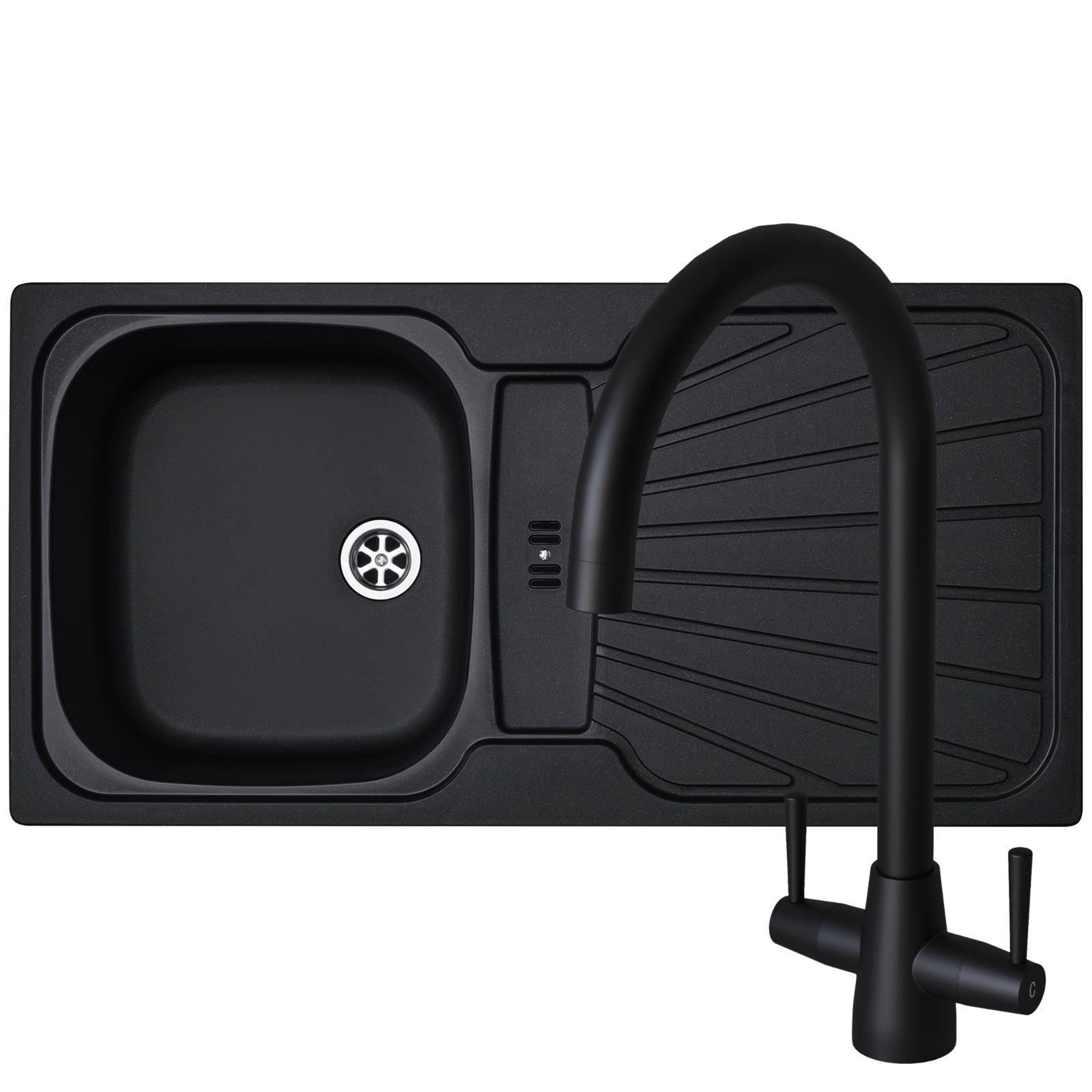 Liquida CMP5BL 1.0 Bowl Black Kitchen Sink With LU408MB Black Dual Lever Tap