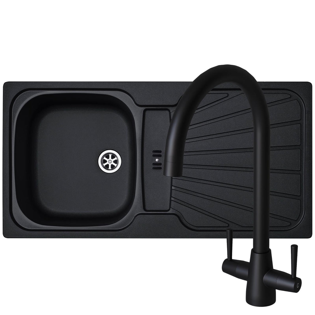 Liquida CMP5BL 1.0 Bowl Black Kitchen Sink With LU408MB Black Dual Lever Tap