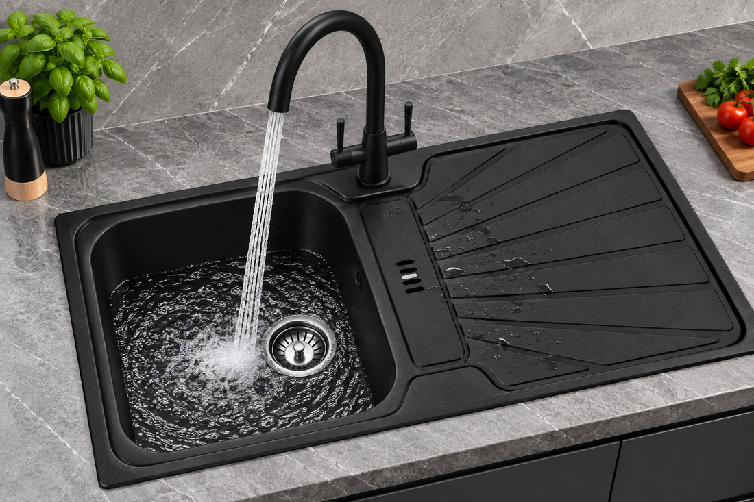 Liquida CMP5BL 1.0 Bowl Black Kitchen Sink With LU408MB Black Dual Lever Tap