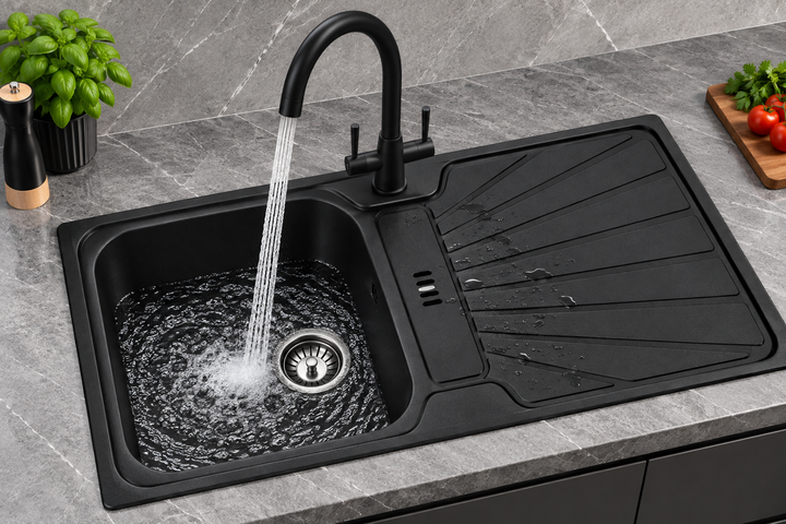 Liquida CMP5BL 1.0 Bowl Black Kitchen Sink With LU408MB Black Dual Lever Tap