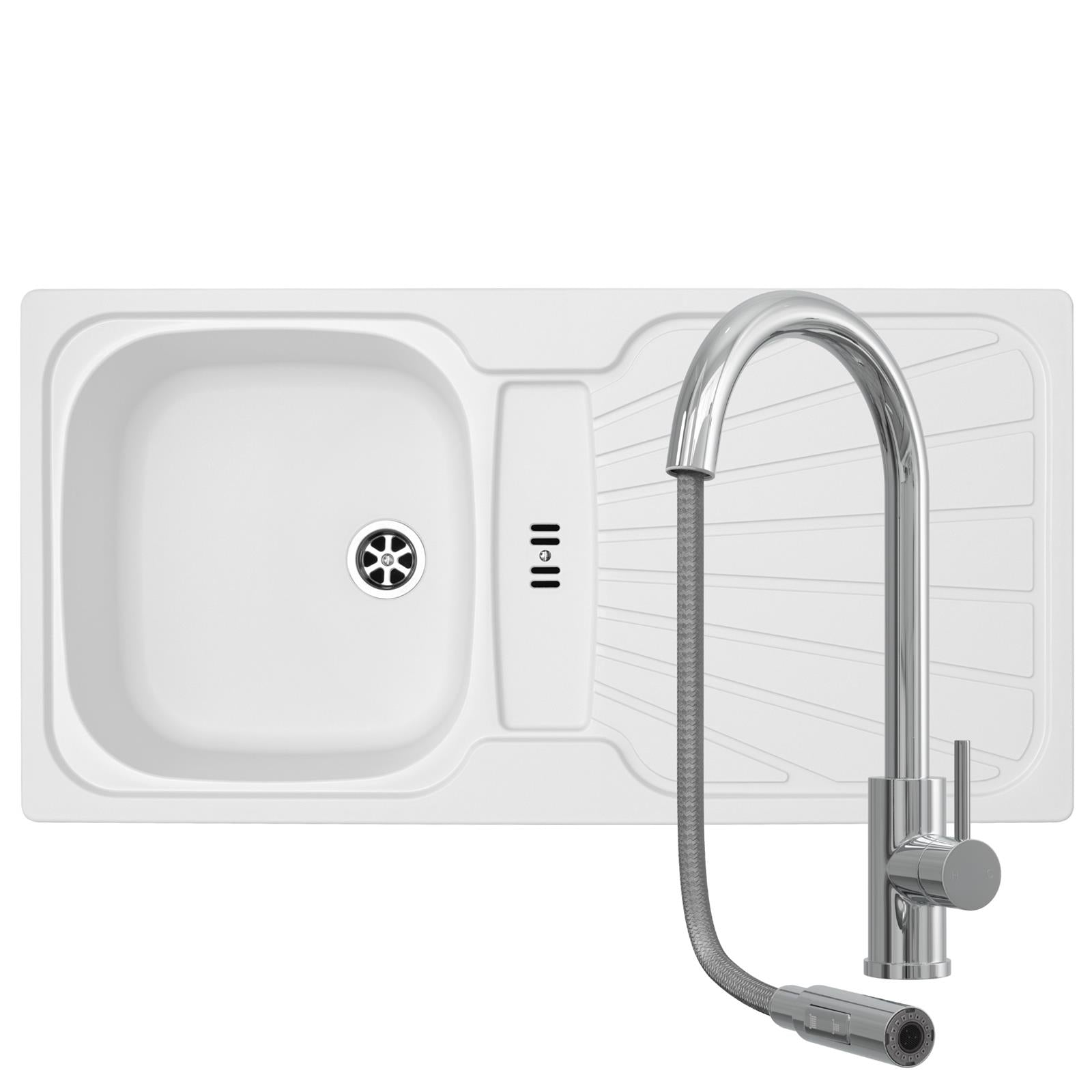 Liquida CMP5WH 1.0 Bowl White Kitchen Sink With CT452CH Chrome Pull Out Tap