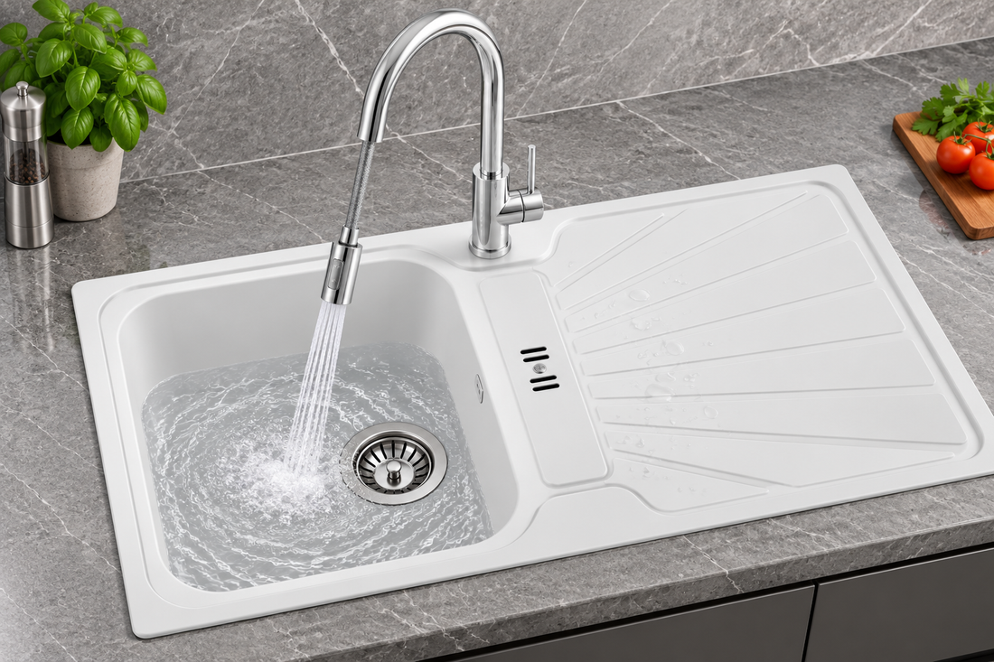 Liquida CMP5WH 1 Bowl White Kitchen Sink With CT452CH Pull Out Chrome Tap