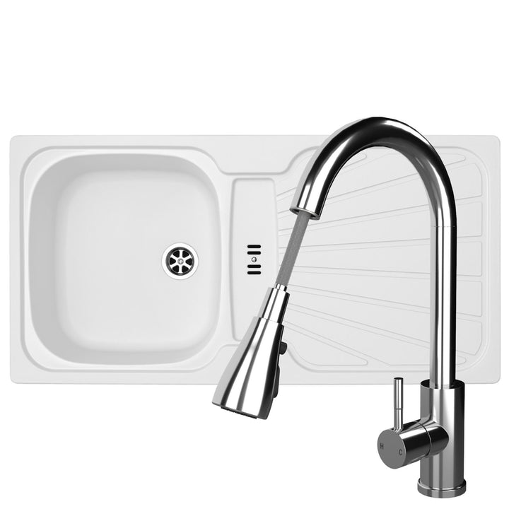 Liquida CMP5WH 1.0 Bowl White Kitchen Sink With KPO11CH Chrome Pull Out Tap