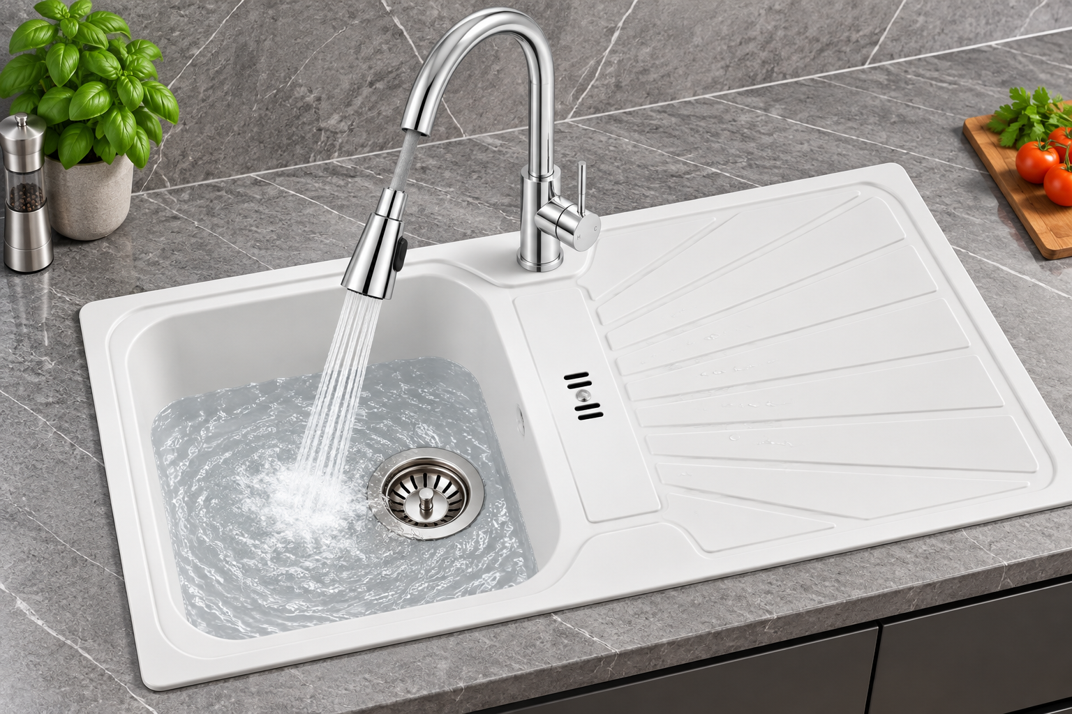 Liquida CMP5WH 1.0 Bowl White Kitchen Sink With KPO11CH Chrome Pull Out Tap