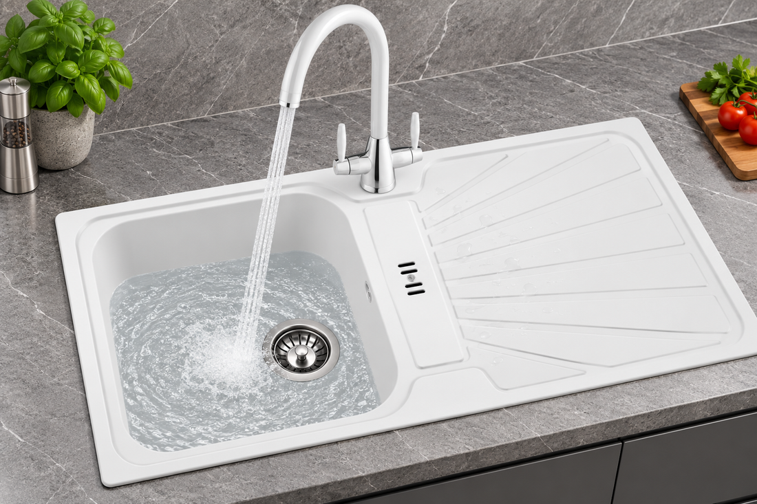 Liquida CMP5WH 1.0 Bowl White Kitchen Sink With LC02WH White Mixer Tap