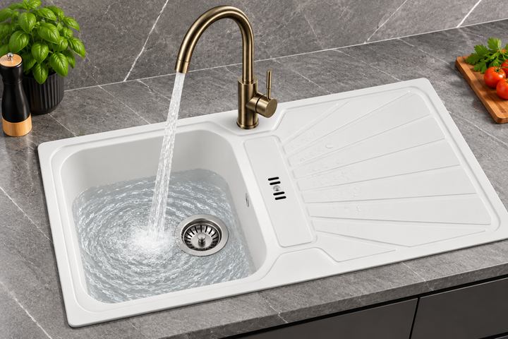Liquida CMP5WH 1.0 Bowl Reversible Inset White Kitchen Sink With Waste Kit