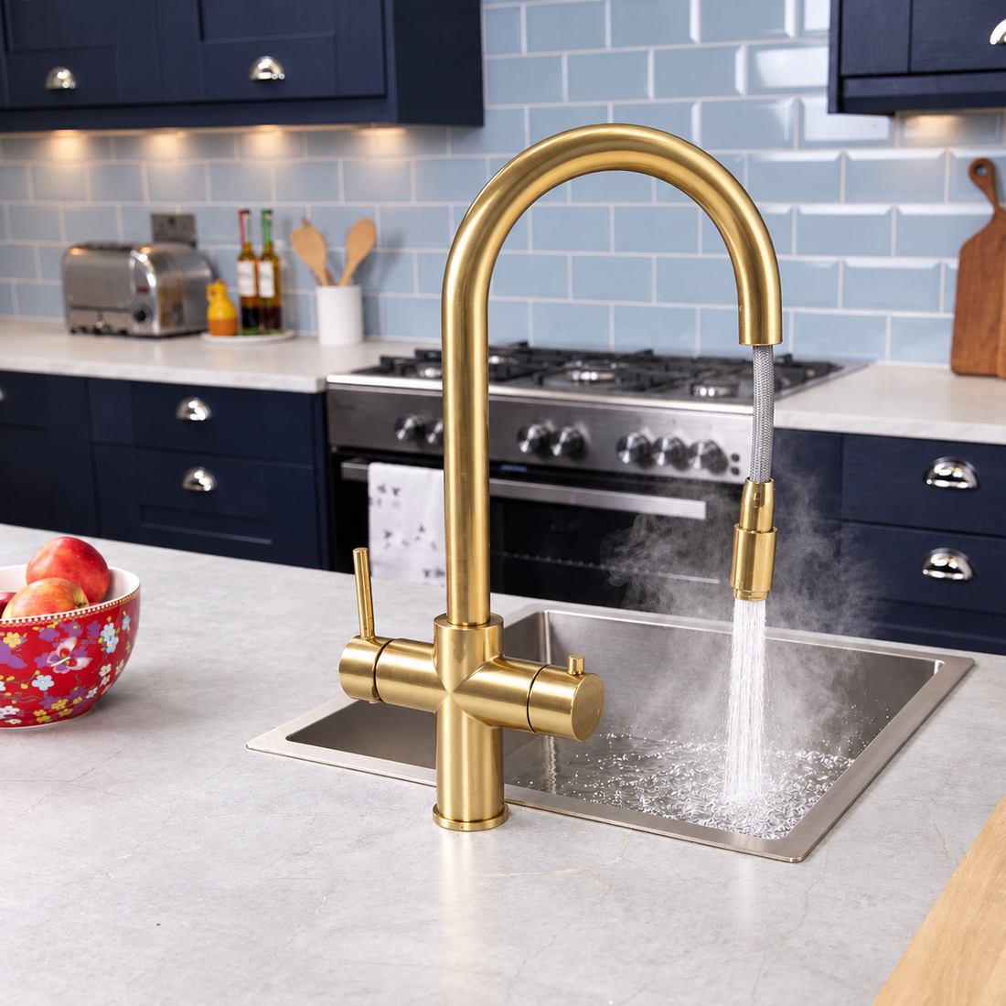 Liquida CPL311BR 3 in 1 Brushed Brass Instant Boiling Water Pull Out Kitchen Tap