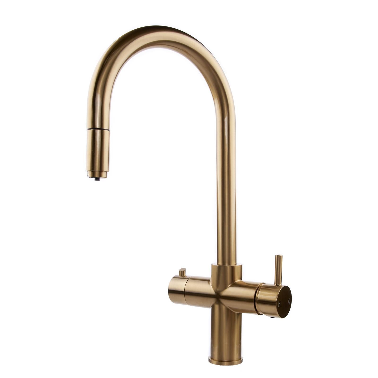 Liquida CPL311BR Brushed Brass  3-in-1 Instant Hot Water Pull Out Kitchen Tap