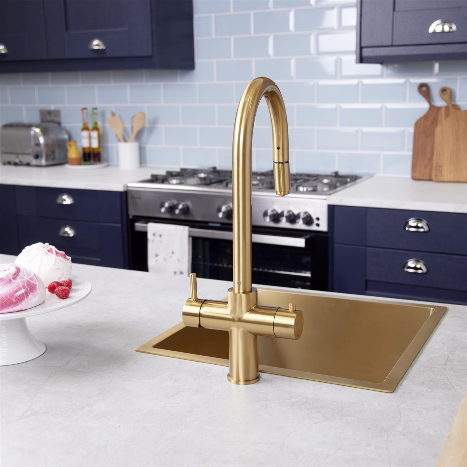 Liquida CPL311BR Brushed Brass  3-in-1 Instant Hot Water Pull Out Kitchen Tap