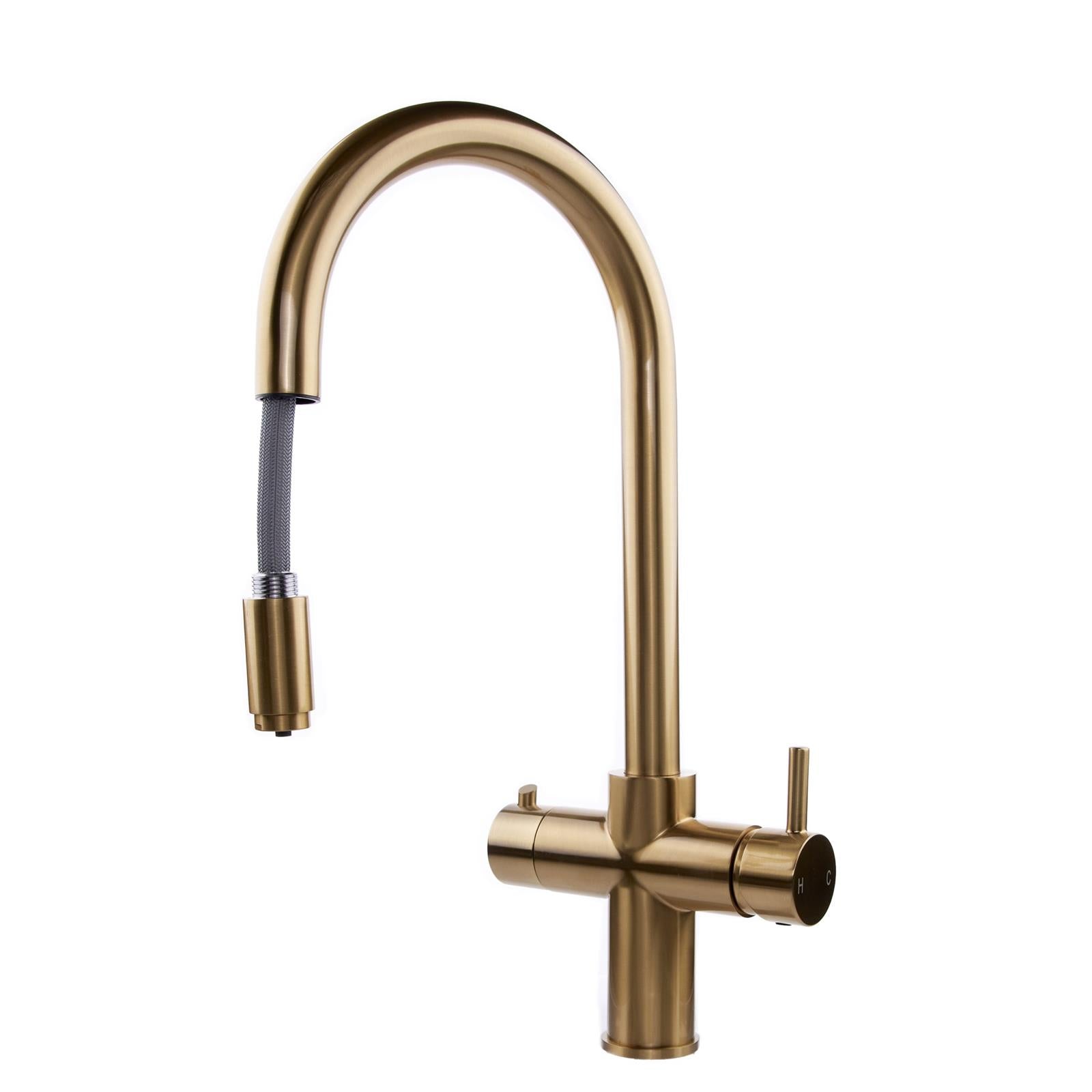 Liquida CPL311BR Brushed Brass  3-in-1 Instant Hot Water Pull Out Kitchen Tap
