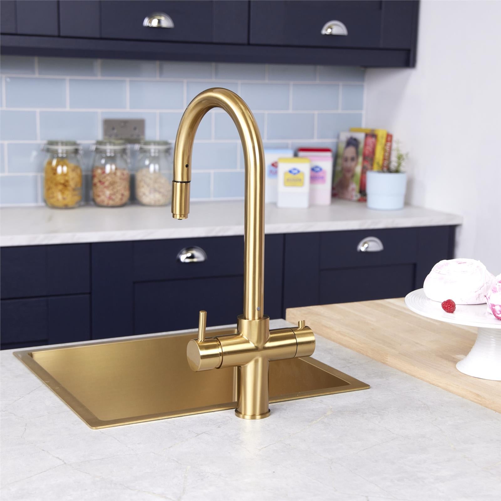 Liquida CPL311BR Brushed Brass  3-in-1 Instant Hot Water Pull Out Kitchen Tap
