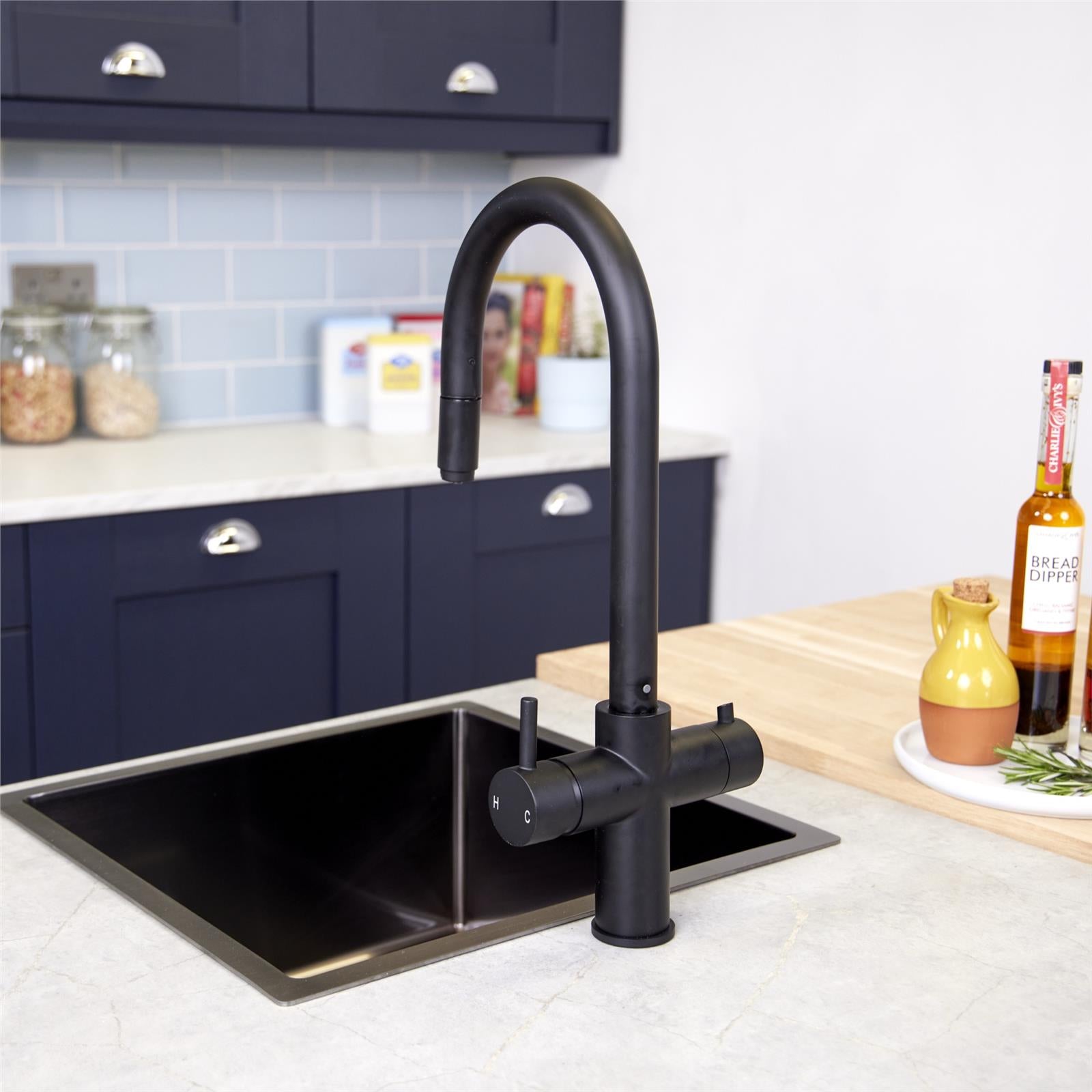 Liquida CPL311MB Matt Black 3-in-1 Instant Hot Water Pull Out Kitchen Tap