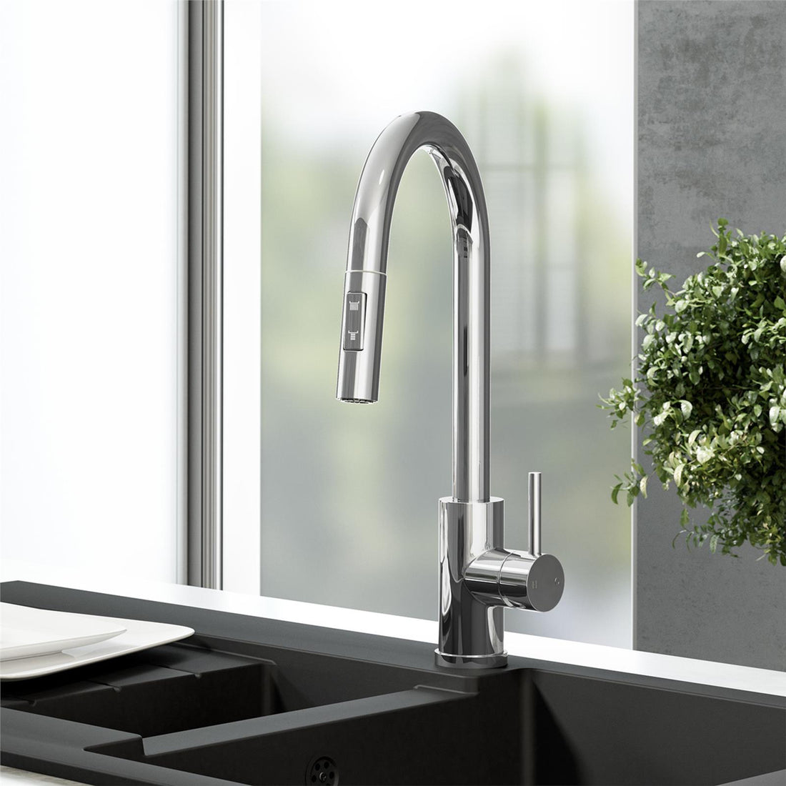 Liquida CMP10WH 1.0 Bowl White Kitchen Sink With CT452CH Chrome Pull Out Tap