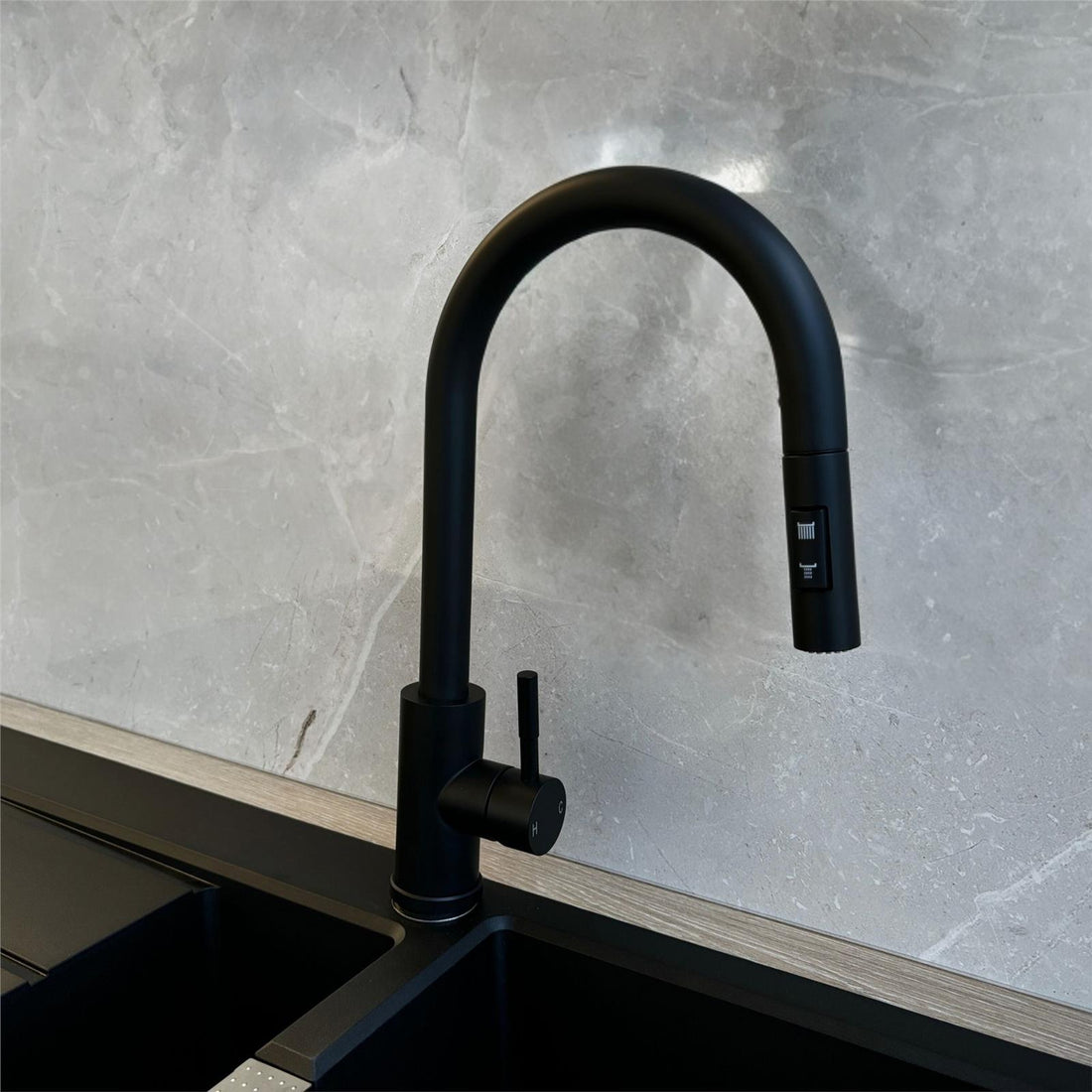 Liquida CMP5BL 1.0 Bowl Black Kitchen Sink With CT453MB Black Pull Out Tap