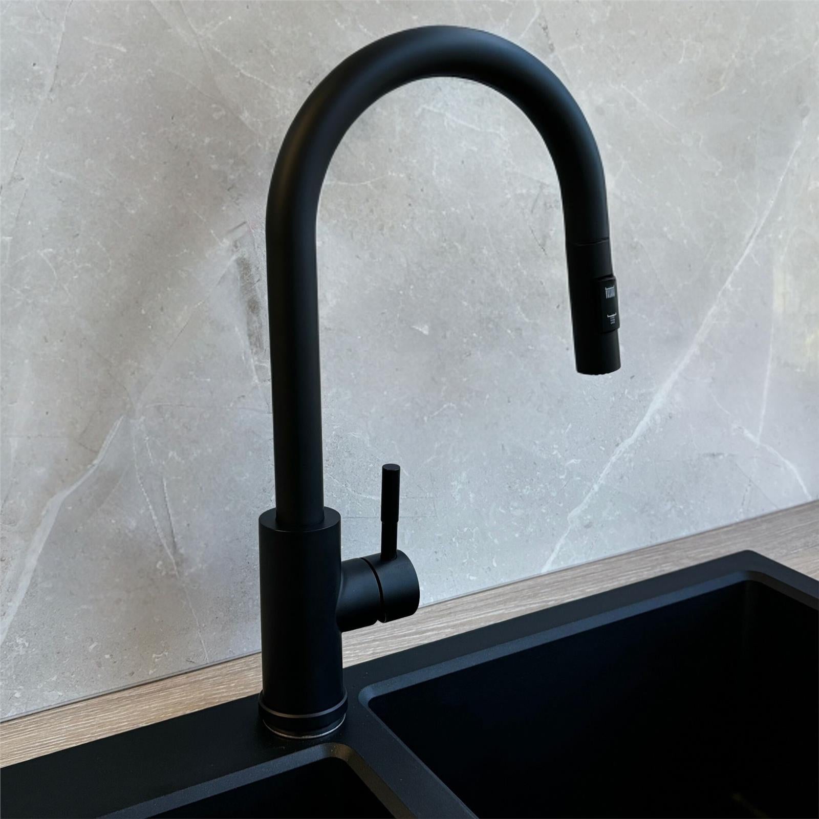 Liquida CMP5BL 1.0 Bowl Black Kitchen Sink With CT453MB Black Pull Out Tap
