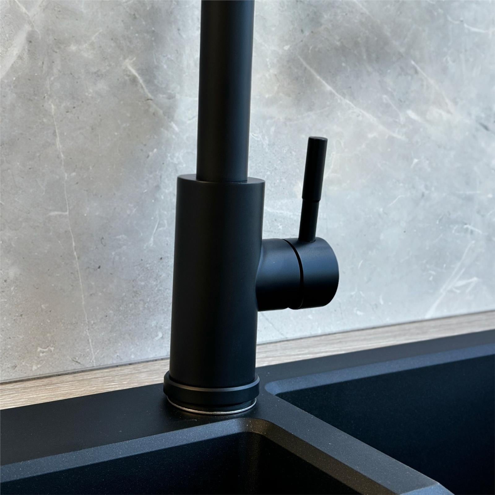 Liquida CMP15BL 1.5 Bowl Reversible Black Kitchen Sink And Pull Out CT453MB Tap