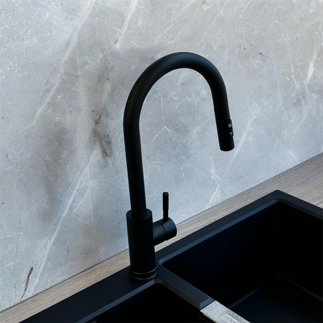 Liquida CMP5BL 1.0 Bowl Black Kitchen Sink With CT453MB Black Pull Out Tap