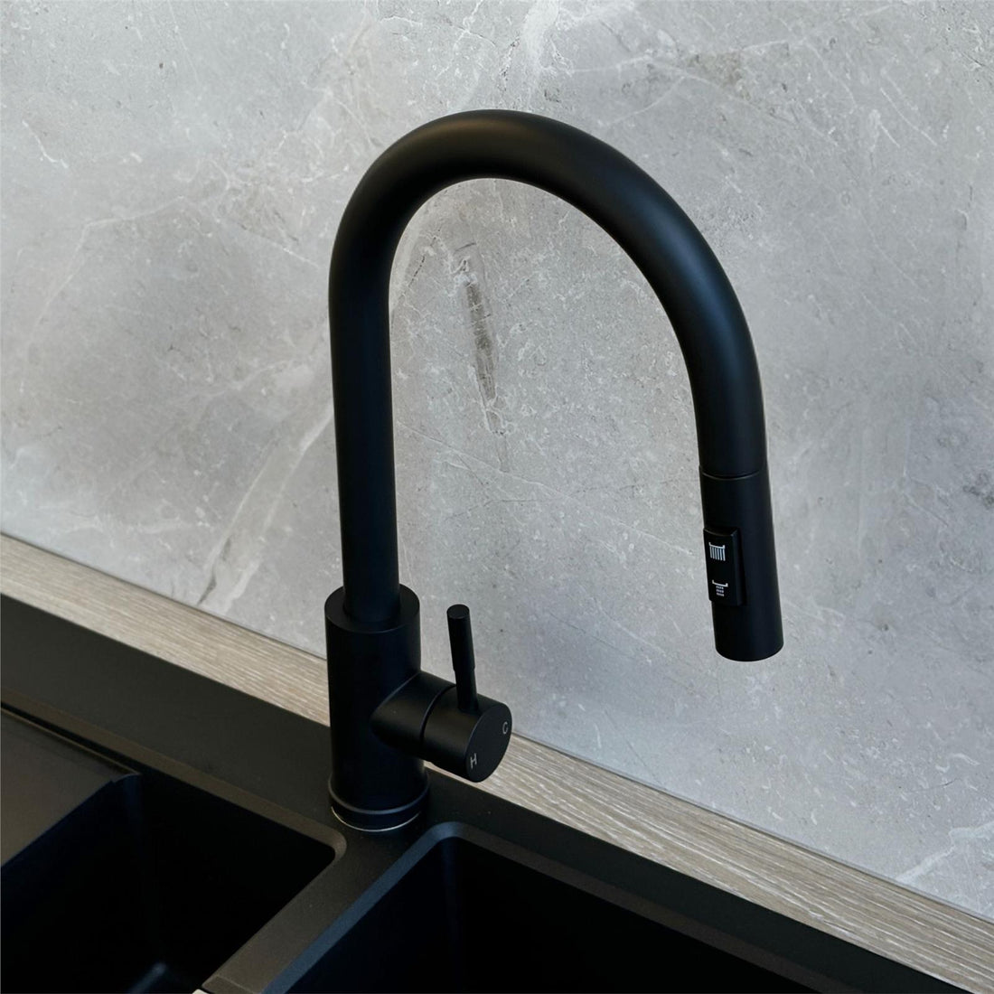 Liquida CMP5BL 1.0 Bowl Black Kitchen Sink With CT453MB Black Pull Out Tap