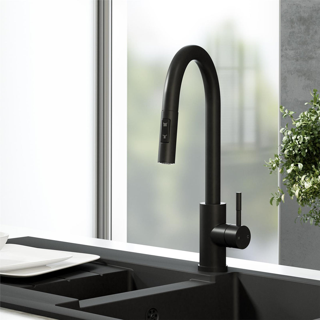 Liquida CMP5BL 1.0 Bowl Black Kitchen Sink With CT453MB Black Pull Out Tap