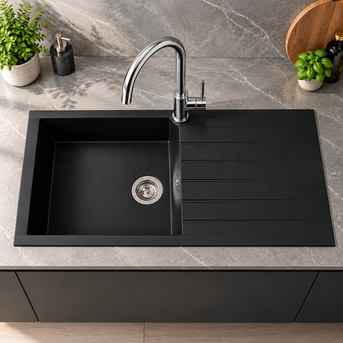 Liquida CU10BL 1.0 Bowl Composite Reversible Inset Black Kitchen Sink With Waste