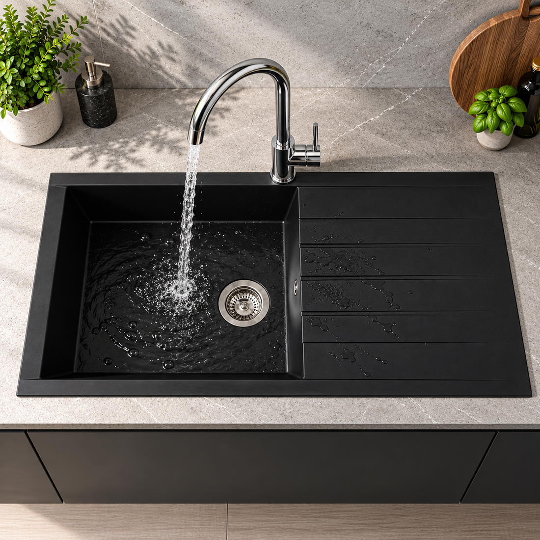 Liquida CU10BL 1.0 Bowl Composite Reversible Inset Black Kitchen Sink With Waste