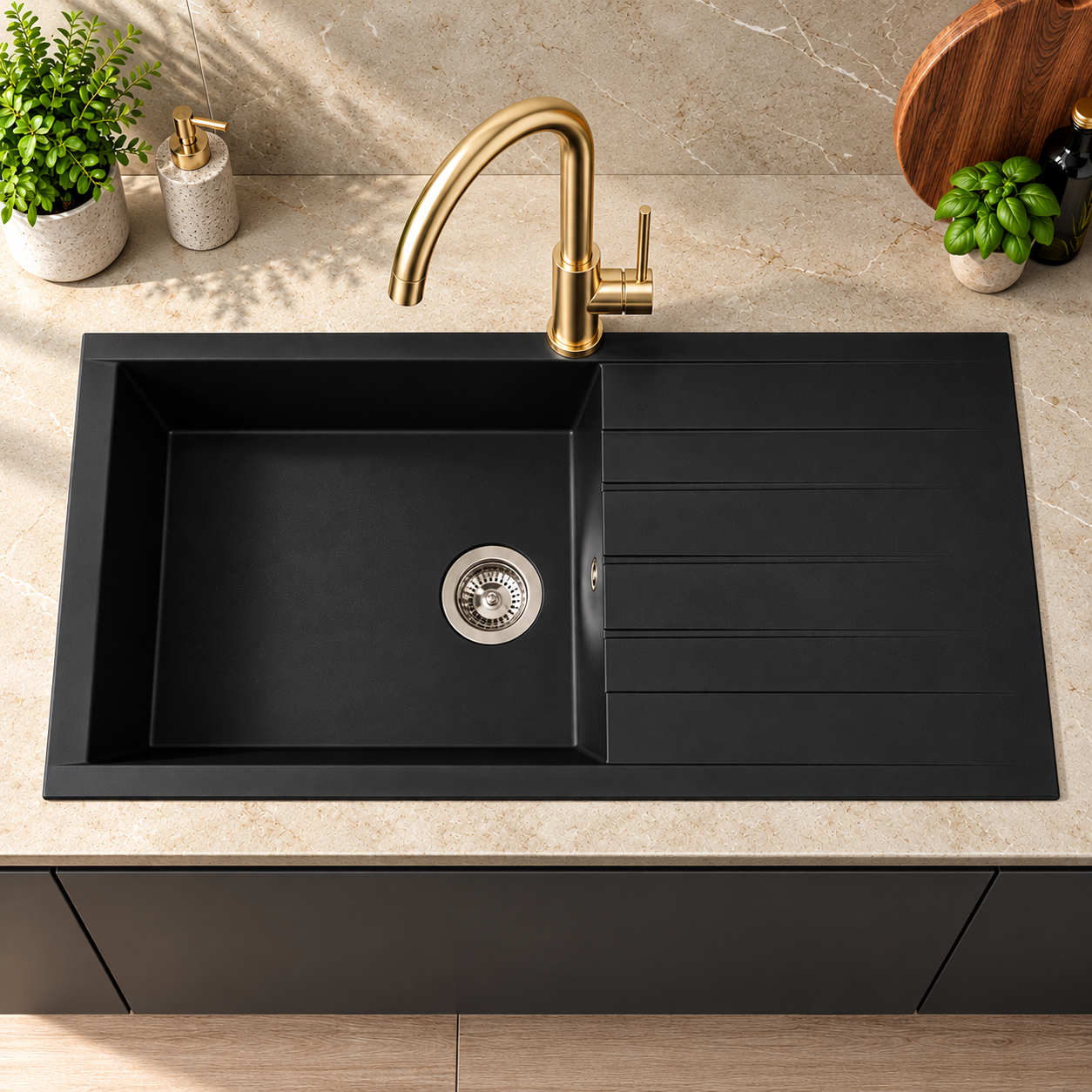 Liquida CU10BL 1.0 Bowl Composite Reversible Inset Black Kitchen Sink With Waste