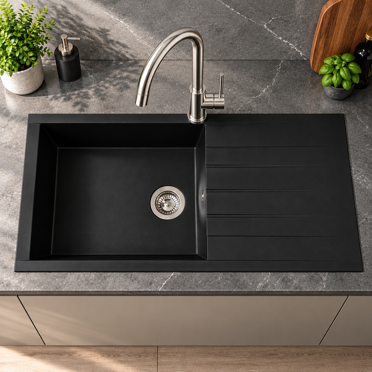 Liquida CU10BL 1.0 Bowl Composite Reversible Inset Black Kitchen Sink With Waste