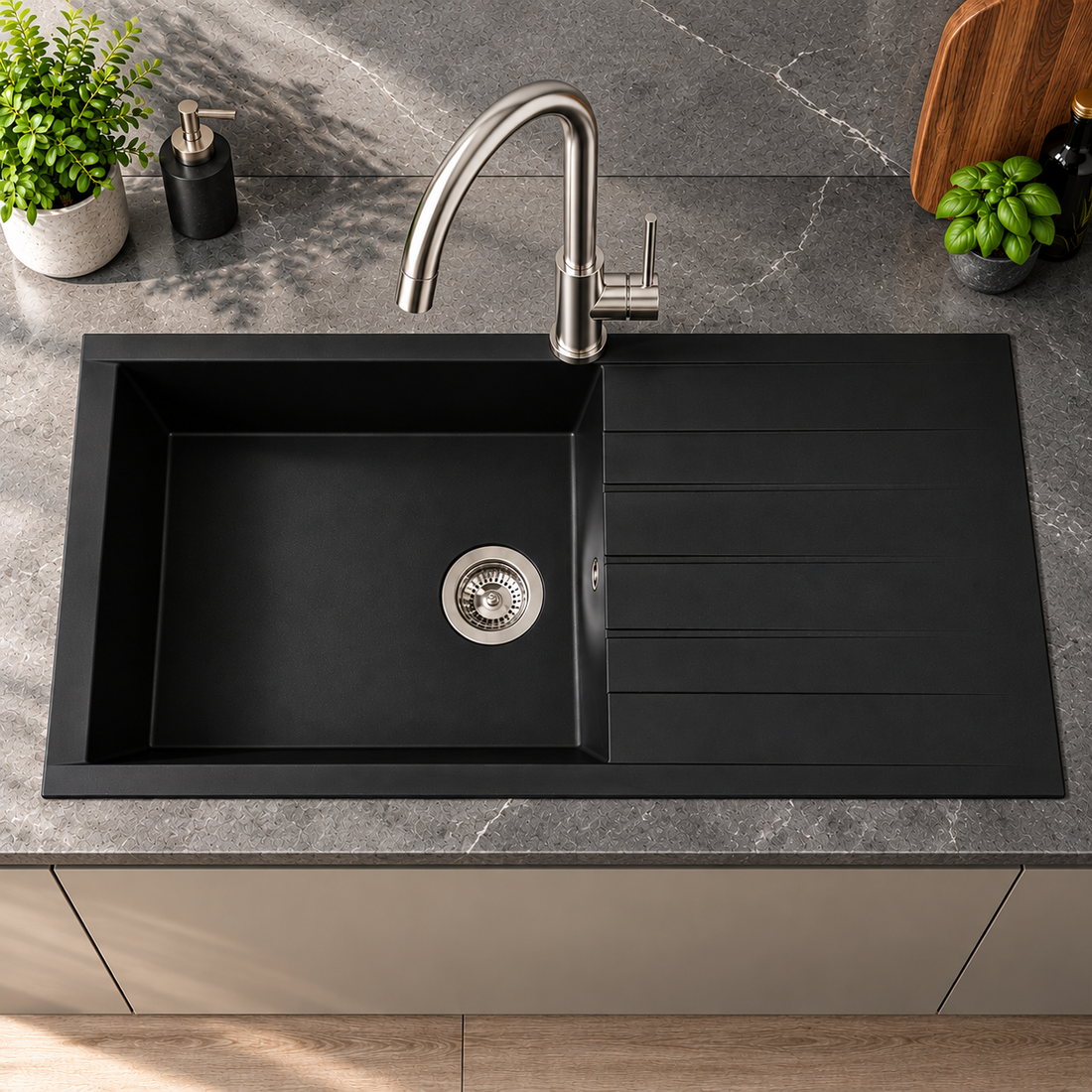 Liquida CU10BL 1.0 Bowl Composite Reversible Inset Black Kitchen Sink With Waste