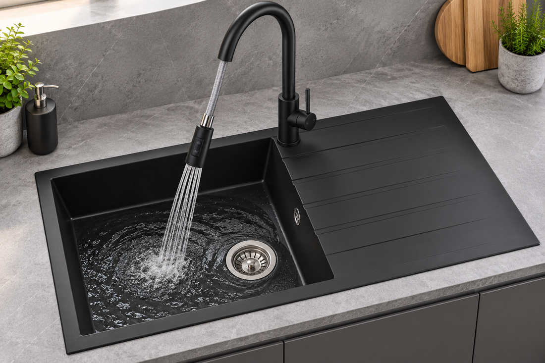 Liquida CU10BL 1.0 Bowl Composite Reversible Inset Black Kitchen Sink With Waste