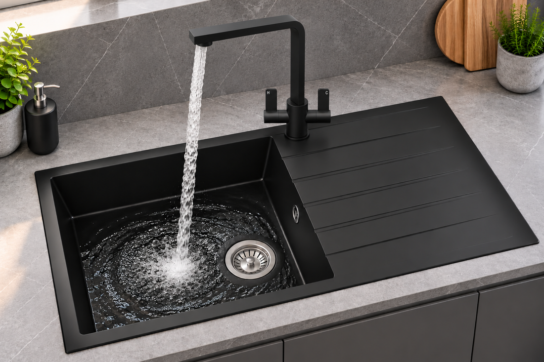 Liquida CU10BL 1.0 Bowl Black Kitchen Sink With EB403MB Black Mixer Tap