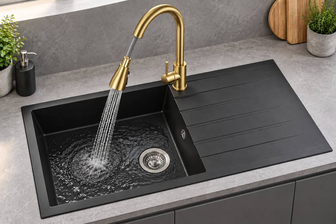Liquida CU10BL 1.0 Bowl Composite Reversible Inset Black Kitchen Sink With Waste