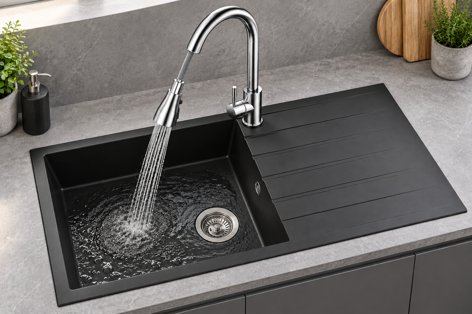 Liquida CU10BL 1.0 Bowl Composite Reversible Inset Black Kitchen Sink With Waste
